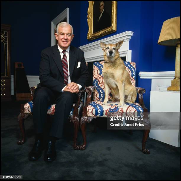 Portrait of American politician US Representative Tom Foley as he poses, with his dog Alice, in his office, Washington DC, September 1987.