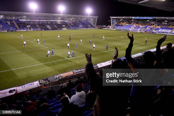 General view inside the stadium as fans show their support from the stands in the Sky Bet League One match between Shrewsbury Town and Accrington...