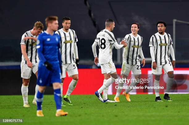 Federico Chiesa of Juventus celebrates with team mate Merih Demiral after scoring their sides first goal during the UEFA Champions League Group G...