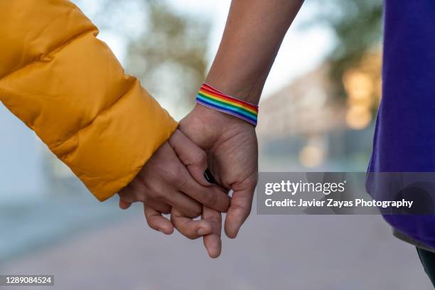 lesbian couple holding hands in a park - homohuwelijk stockfoto's en -beelden