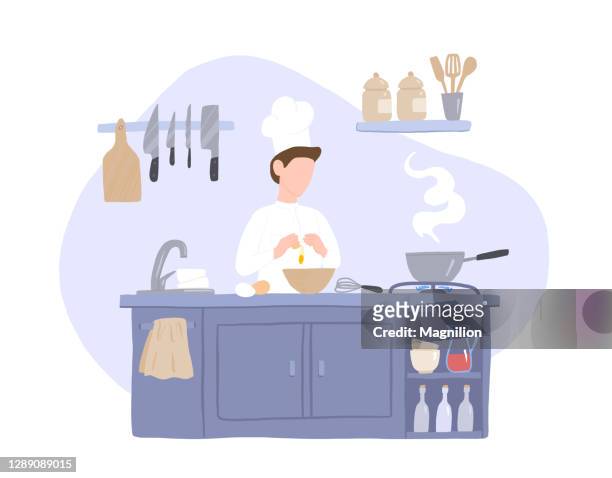 chef prepares food in the kitchen - kitchen bench stock illustrations