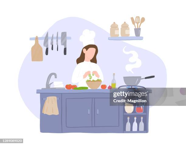 ilustraciones, imágenes clip art, dibujos animados e iconos de stock de mujer cook prepara ensalada en la cocina - chef