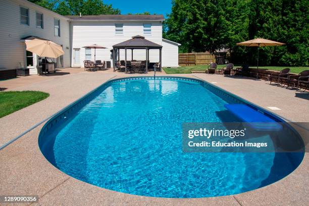 Beautiful backyard swimming pool at an upscale American home.