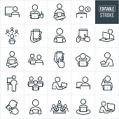 People Using Computers and Devices Thin Line Icons - Editable Stroke