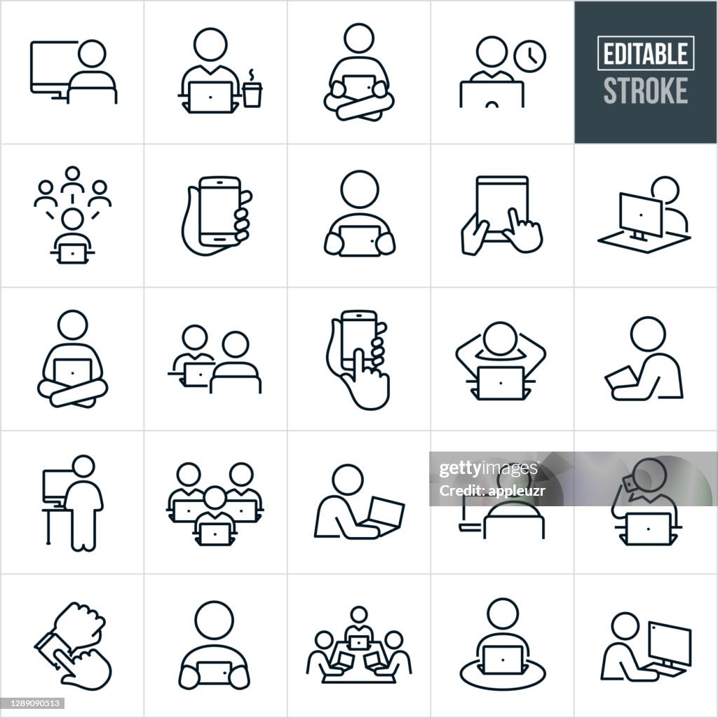 People Using Computers and Devices Thin Line Icons - Editable Stroke