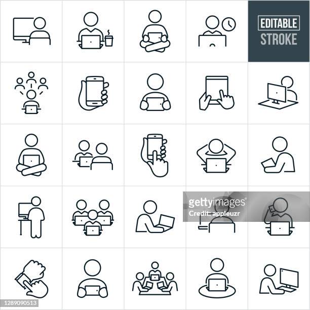 people using computers and devices thin line icons - editable stroke - portable information device stock illustrations