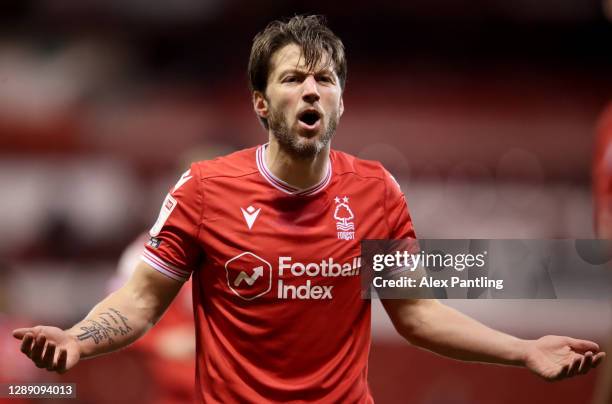 Harry Arter of Nottingham Forest reacts during the Sky Bet Championship match between Nottingham Forest and Stoke City at City Ground on December 02,...