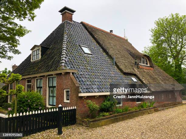 ee, friesland, nederland: traditioneel nederlands huis met rieten dak - rieten dak stockfoto's en -beelden