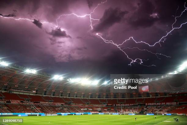 General view of the stadium during an electric storm prior to a round of sixteen first leg match between Internacional and Boca Juniors as part of...