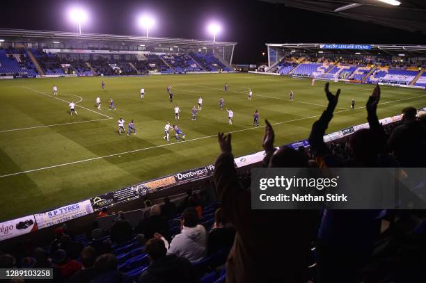 General view inside the stadium as fans show their support from the stands in the Sky Bet League One match between Shrewsbury Town and Accrington...