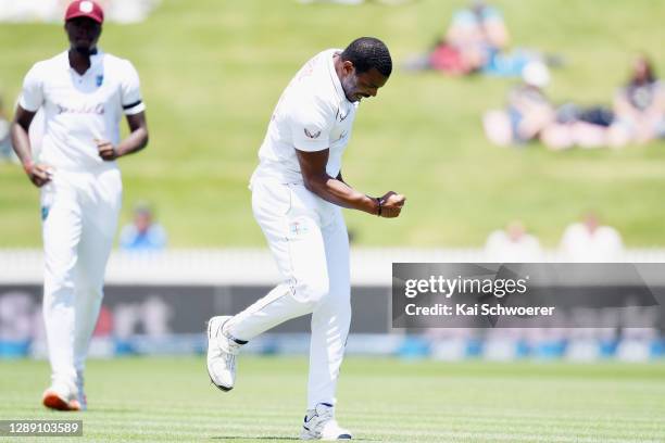 Shannon Gabriel of the West Indies celenbrates after dismissing Will Young of New Zealand during day one of the First Test match in the series...