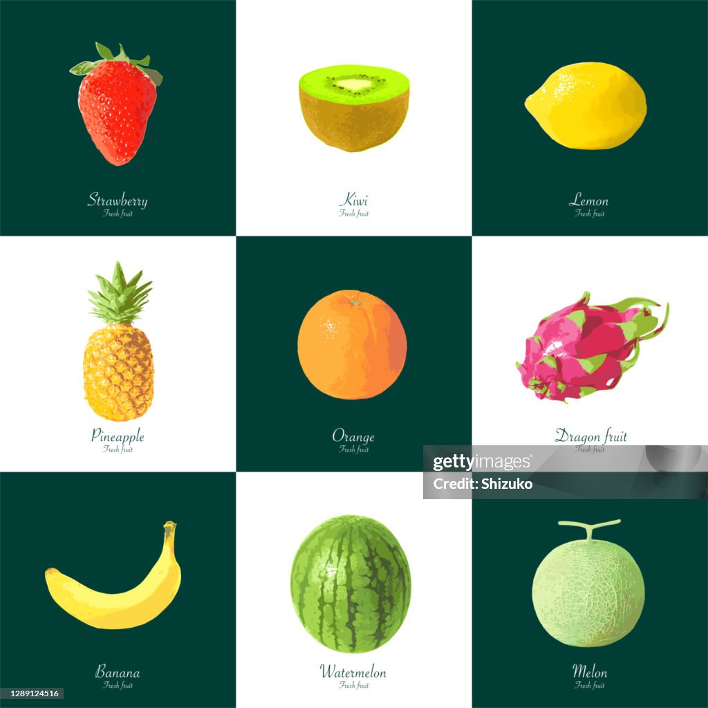 Fruit from background of white and dark green