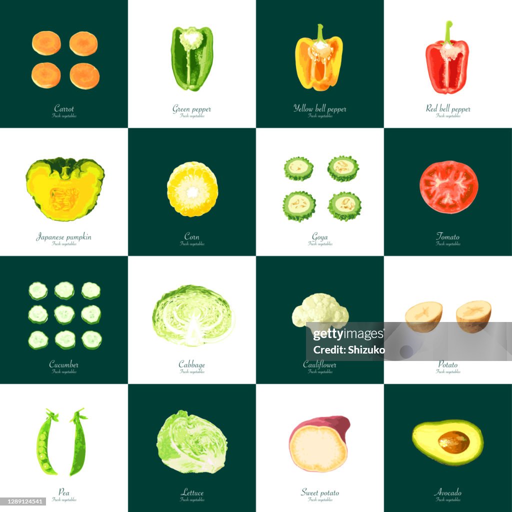 Cut vegetables from background of white and dark green