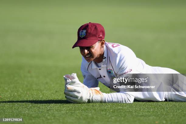 Shane Dowrich of the West Indies reacts after missing a catch during day one of the First Test match in the series between New Zealand and the West...