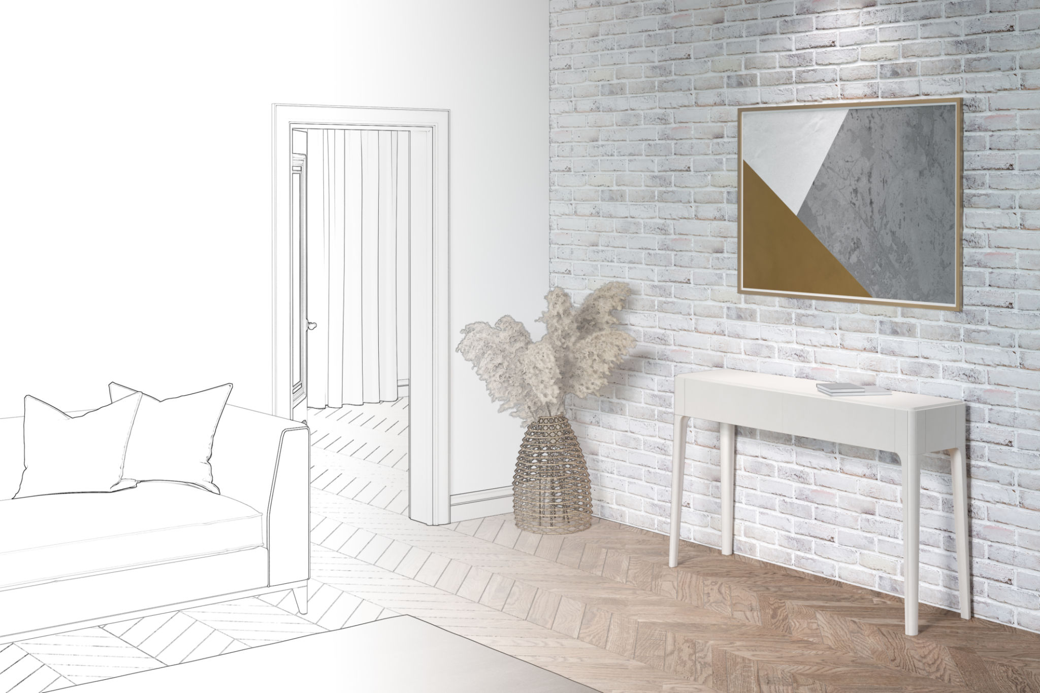 A sketch becomes a real living room with a horizontal poster on a brick wall, an open door, pampas grass in a wicker basket, a sideboard, a sofa with pillows, a carpet on the parquet floor. A sketch becomes a real living room with a horizontal poster on a brick wall, an open door, pampas grass in a wicker basket, a sideboard, a sofa with pillows, a carpet on the parquet floor.