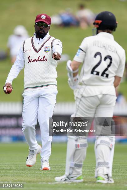 Darren Bravo of the West Indies reacts during day one of the First Test match in the series between New Zealand and the West Indies at Seddon Park on...