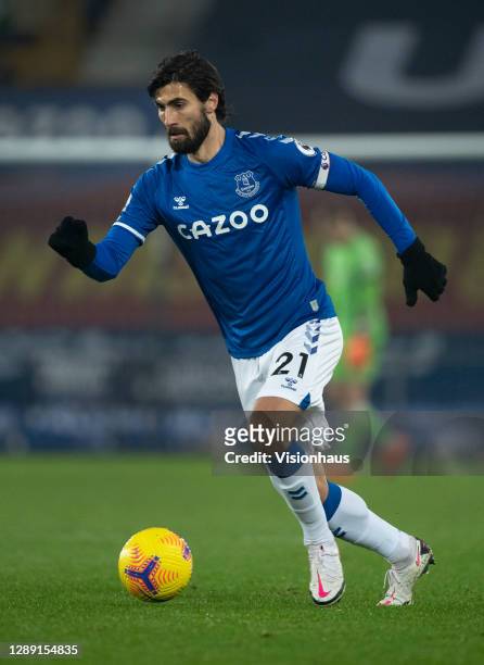 André Gomes of Everton in action during the Premier League match between Everton and Leeds United at Goodison Park on November 28, 2020 in Liverpool,...