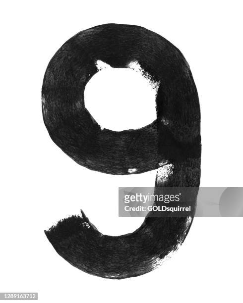 number 9 isolated on white paper background - abstract hand painted shape created by one line by roller and black paint - simple modern uneven imperfect irregular vector illustration with unique natural and uncontrolled textured effect - number 9 stock illustrations