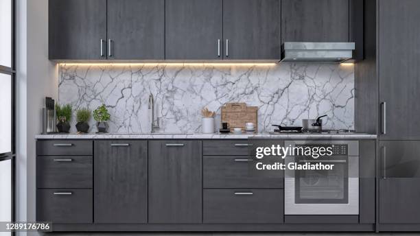 empty modern gray kitchen with windows on a side - drawer stock pictures, royalty-free photos & images