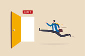 Quit routine job, escape way or solution for business dead end to be success or exit from work difficulties concept, businessman worker in suit running in hurry to emergency door with the sign exit.