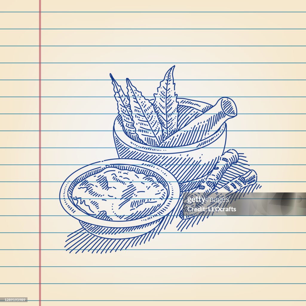 Mortar and Neem Drawing on Ruled Paper