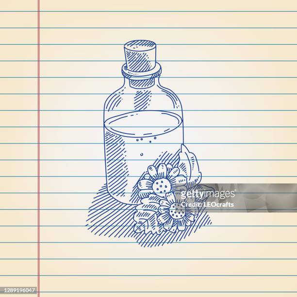 herbal oil drawing on ruled paper - ayurveda stock illustrations