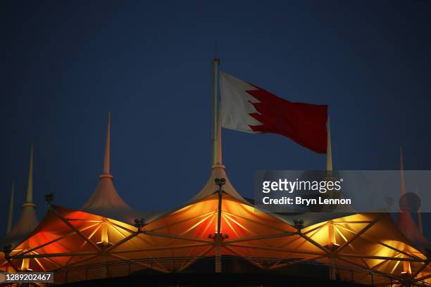 General view of the Bahrain flag flying atop the Sakhir Tower during previews ahead of the F1 Grand Prix of Sakhir at Bahrain International Circuit...
