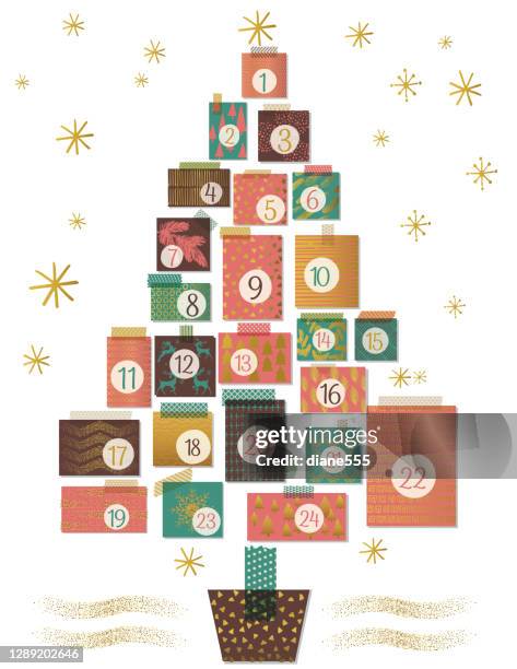 christmas tree presents advent calendar with gold highlight - advent calendar stock illustrations