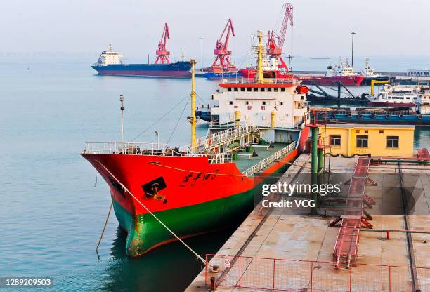 The oil tanker 'Chang Feng You' berths at a reception terminal operated by China Petrochemical Corporation on December 2, 2020 in Yantai, Shandong...