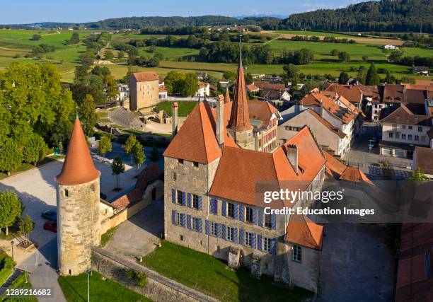 Avenches Castle, Chateau dÍAvenches, behind the Roman amphitheater of Aventicum, Avenches, Canton of Vaud, Switzerland.