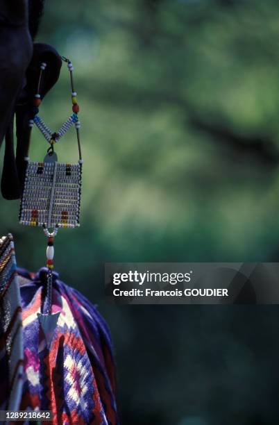 Détail d'une boucle d'oreille portée par une femme Masaï dans les environs de Shompole Lodge dans le Sud du Kenya le 22 mars 2004, Kenya