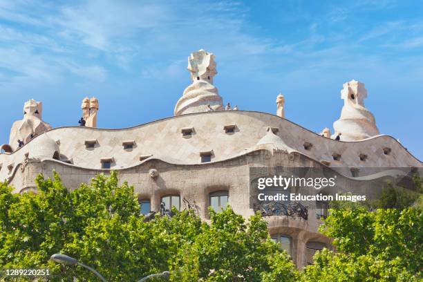 Barcelona, Spain. Casa Mila, or La Pedrera. Modernist building designed by Antoni Gaudi. It is a UNESCO World Heritage Site.