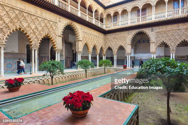 Patio de las Doncellas. The MaidenÍs Courtyard. Royal Alcazars, Seville, Seville Province, Andalusia, Spain. The monumental complex formed by the...