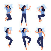 Different sleeping positions.Young woman with fitness tracker on her wrist.Device control quality of slumber during night.Electronic smart watch app.