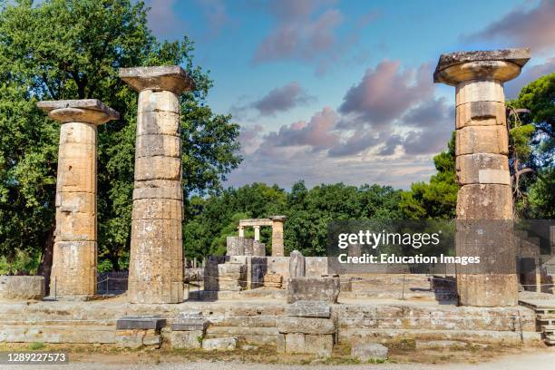Olympia, Peloponnese, Greece. Ancient Olympia. Remains of the Temple of Hera. Ancient Olympia is a UNESCO World Heritage Site.