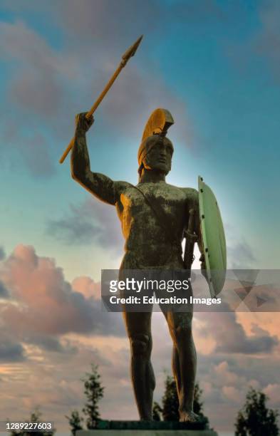 Near Kamena Vourla, Central Greece, Greece. Statue of Leonidas on the monument celebrating the Battle of Thermopylae which took place during the...
