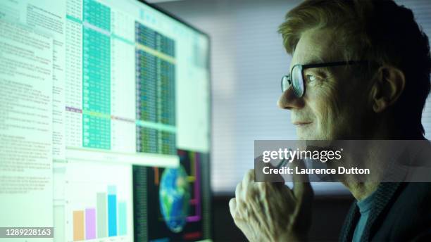 globale gegevens rijpe mens - business person on computer screen stockfoto's en -beelden