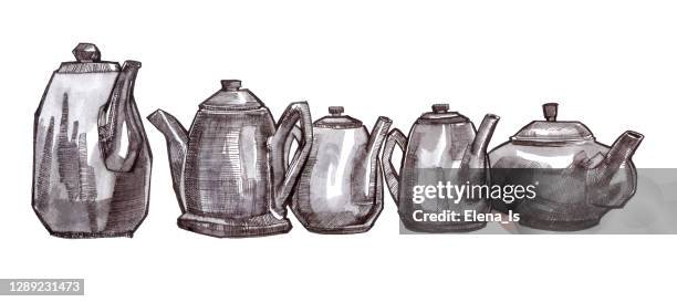 ink, pen. clay teapots, sketch - tea kettle stock illustrations