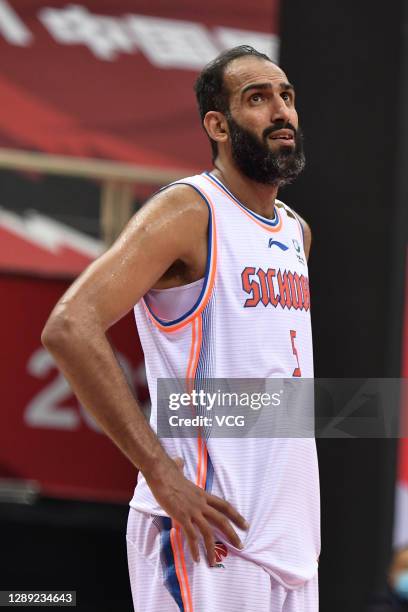 Hamed Haddadi of Sichuan Blue Whales reacts during 2020/2021 Chinese Basketball Association League match between Sichuan Blue Whales and Shanghai...