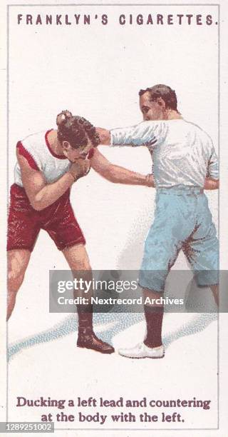 Collectible illustrated tobacco card from 1924 series titled Boxers, distributed with packs of Franklyn's Cigarettes, each card portrays two boxers...