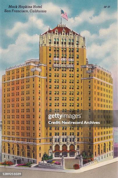 Vintage souvenir postcard published circa 1935 depicting the historic and venerable Mark Hopkins Hotel in downtown San Francisco, California .