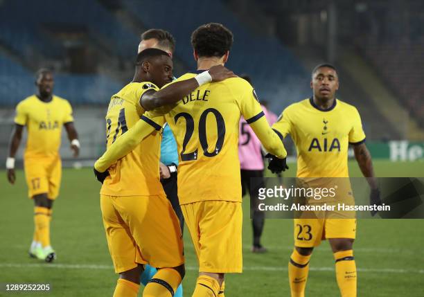Dele Alli of Tottenham Hotspur celebrates with Serge Aurier after scoring their team's third goal during the UEFA Europa League Group J stage match...