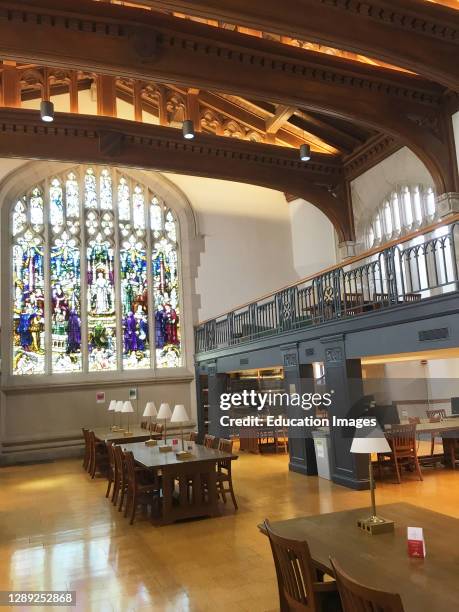 Interior View of Reading Room and Stained Glass Window, Thompson Memorial Library, Vassar College, Poughkeepsie, New York, USA.