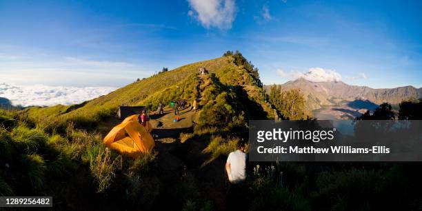 Panoramic Photo of First Night Camping on the Crater Rim During the Three Day Mount Rinjani Trek, Lombok, Indonesia, Asia.