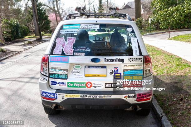 Rear View of Car with Various Stickers, Swarthmore College, Swarthmore Pennsylvania, USA.