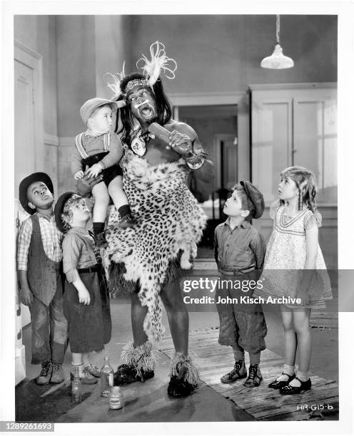 Publicity still from the film 'The Kid From Borneo' , an 'Our Gang' comedy starring John Lester Johnson, Matthew 'Stymie' Beard, and George 'Spanky'...