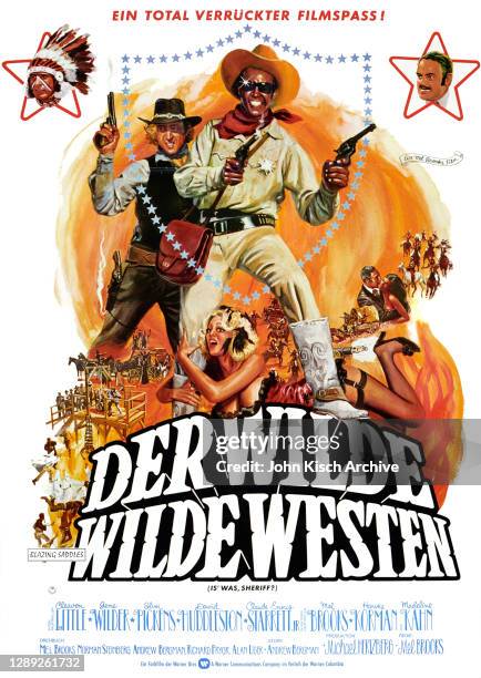 Movie poster advertises the German release of 'Blazing Saddles' , Mel Brooks' western comedy starring Cleavon Little, Gene Wilder, Harvey Corman,...