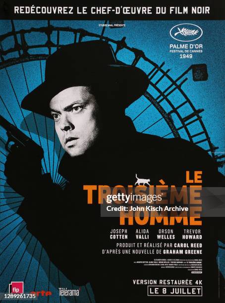 Movie poster advertises the French release of ' The Third Man,' starring Orson Welles, Joseph Cotten, Trevor Howard, Alida Valli, Louis Gossett, and...