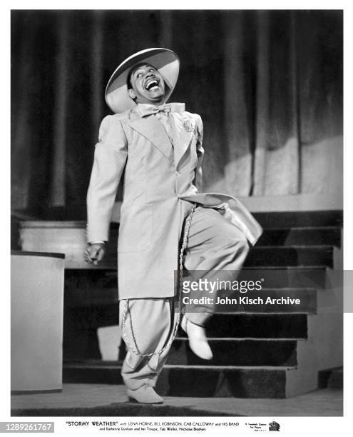 Publicity still portrait of Cab Calloway in a zoot suit starring in the all-black-cast musical 'Stormy Weather,' 1943.