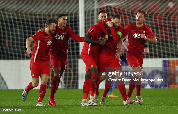 Bruno Martins Indi of Alkmaar Zaanstreek celebrates with Teun Koopmeiners after scoring their team's first goal during the UEFA Europa League Group F...